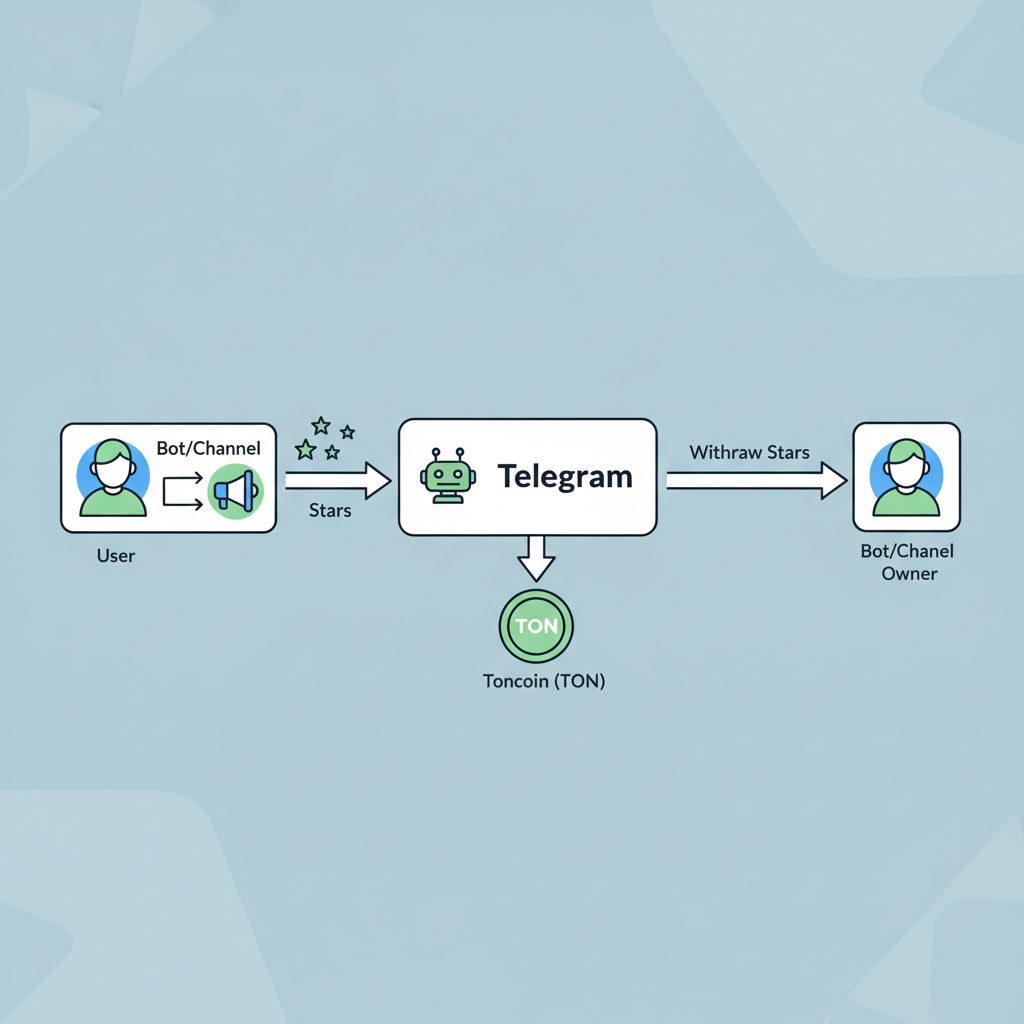 A flowchart diagram showing the Telegram Stars economy, from user to bot/channel, and the withdrawal process to Toncoin.
