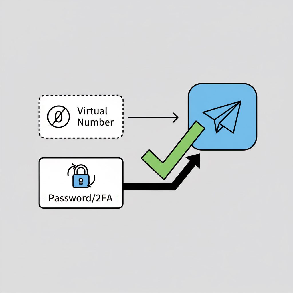 A security diagram showing a virtual number and a password both protecting a Telegram account, emphasizing the importance of Two-Step Verification.