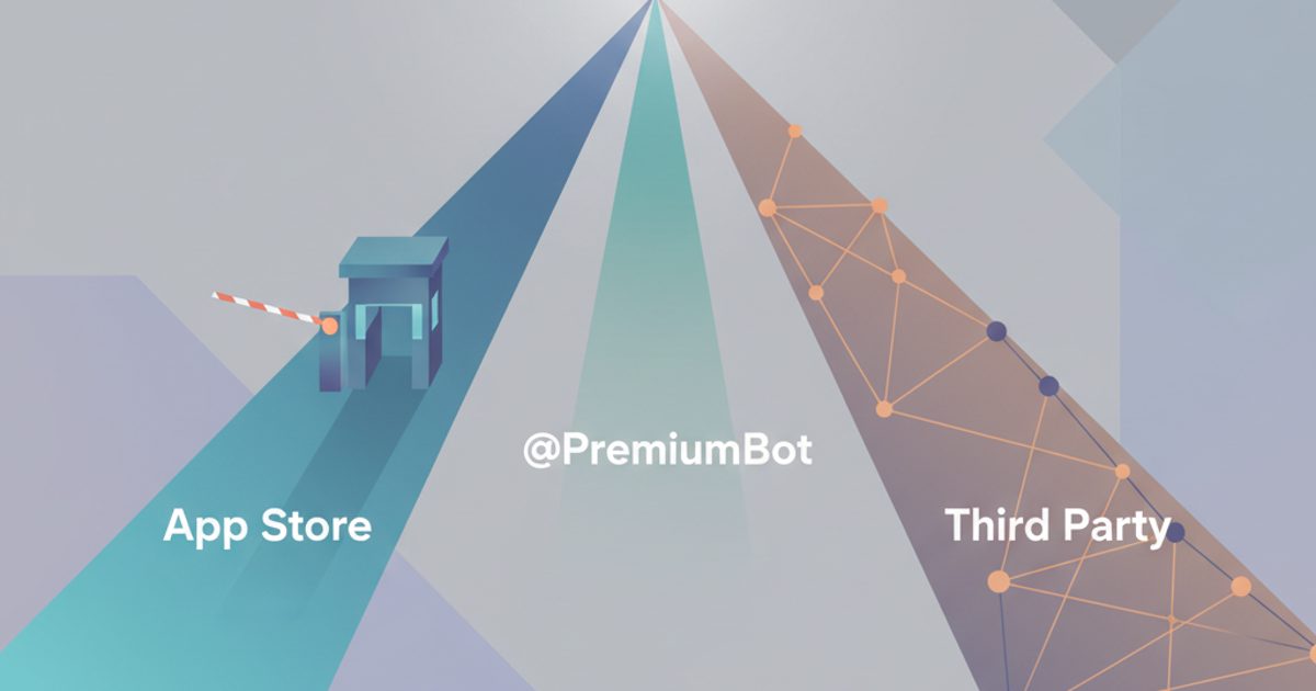 An illustration comparing three ways to buy Telegram Stars: a wide but costly App Store path, a direct @PremiumBot path, and a complex third-party path.