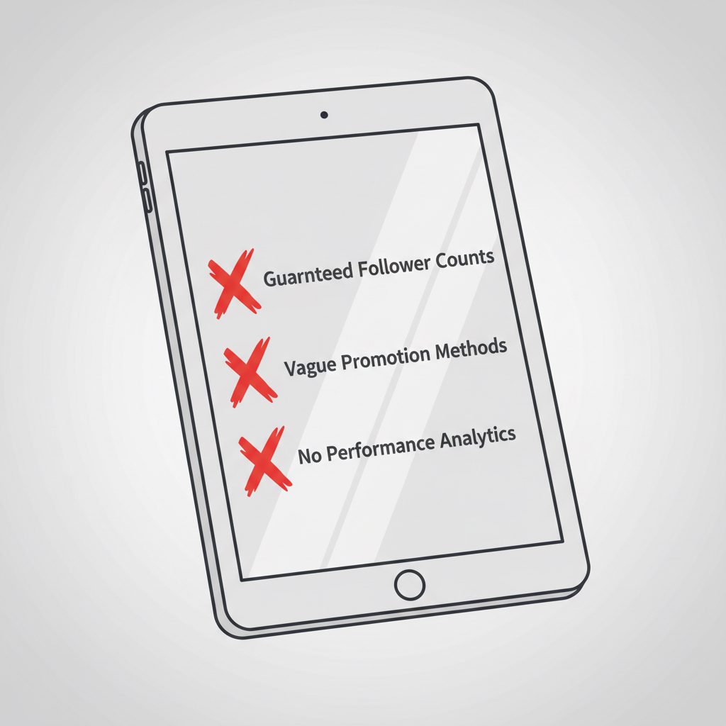 A digital checklist on a screen with red 'X' marks next to items like 'Guaranteed Follower Counts', 'Vague Promotion Methods', and 'No.
