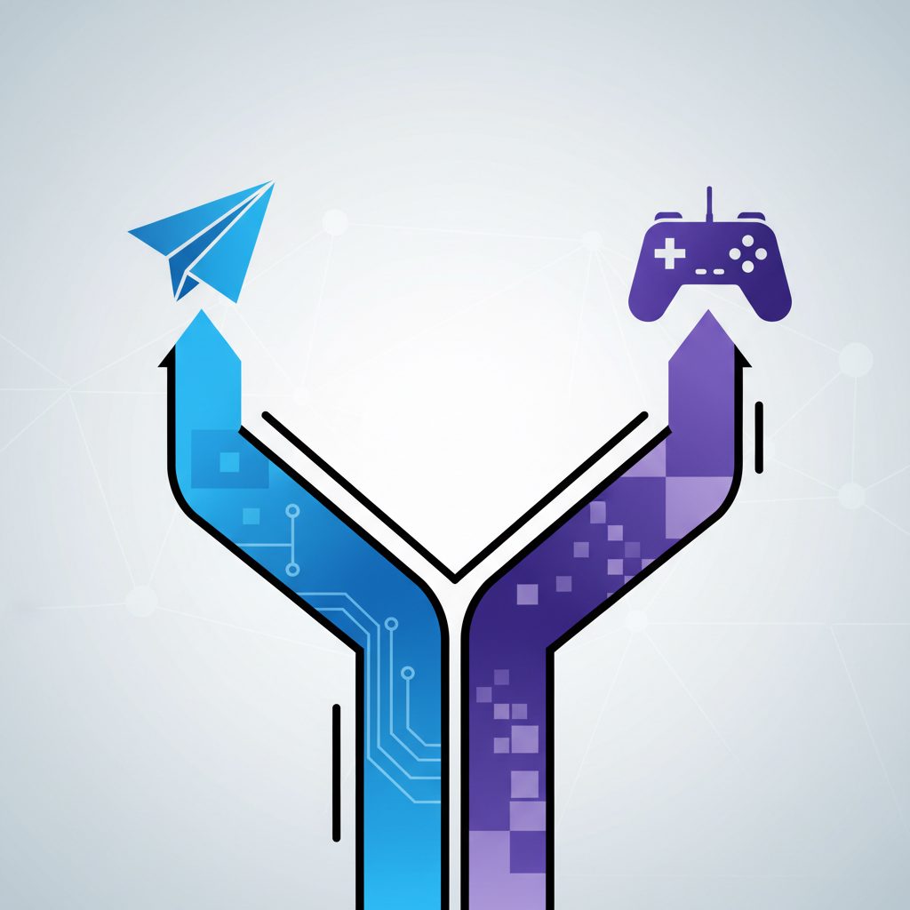 An abstract illustration showing two branching paths, one with a Telegram paper plane icon and one with a Discord controller icon, representing the choice between the two platforms.