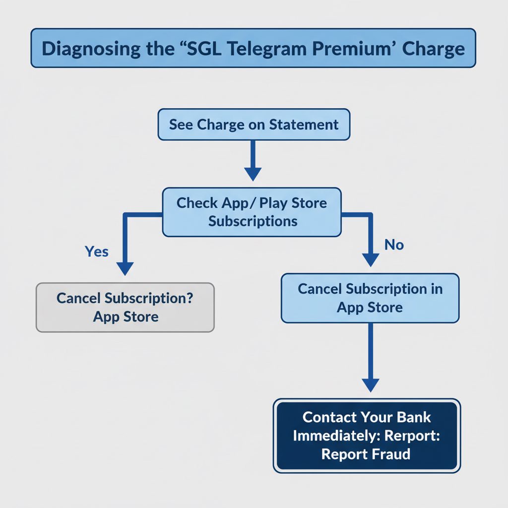 A flowchart helping users diagnose the source of an SGL Telegram Premium charge, starting with checking app store subscriptions and leading to either canceling the subscription or contacting the bank for fraud.