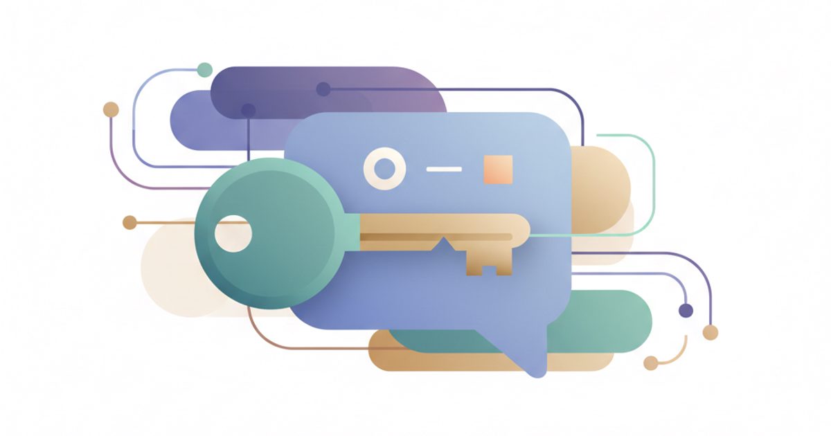 An abstract illustration showing a key opening a lock on a chat icon, symbolizing private Telegram account creation.