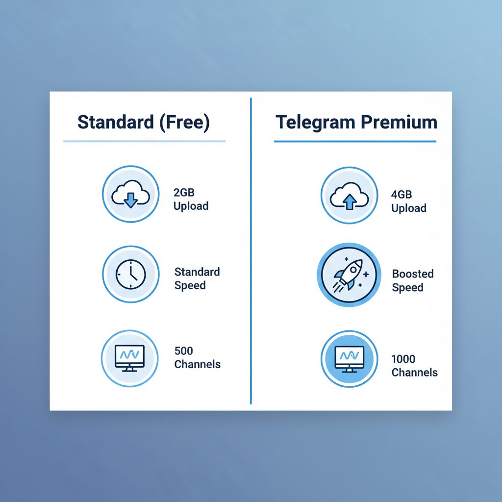 A comparison table showing the features of Telegram's free version versus the exclusive benefits of a Telegram Premium subscription.