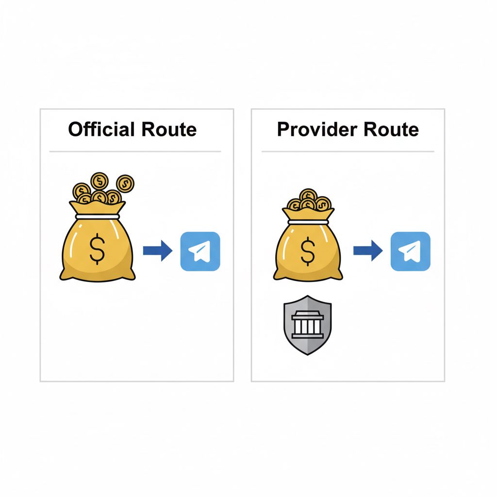 A flowchart comparing two paths for running Telegram Ads. The 'Official Route' shows a large money bag pointing to the Telegram platform.