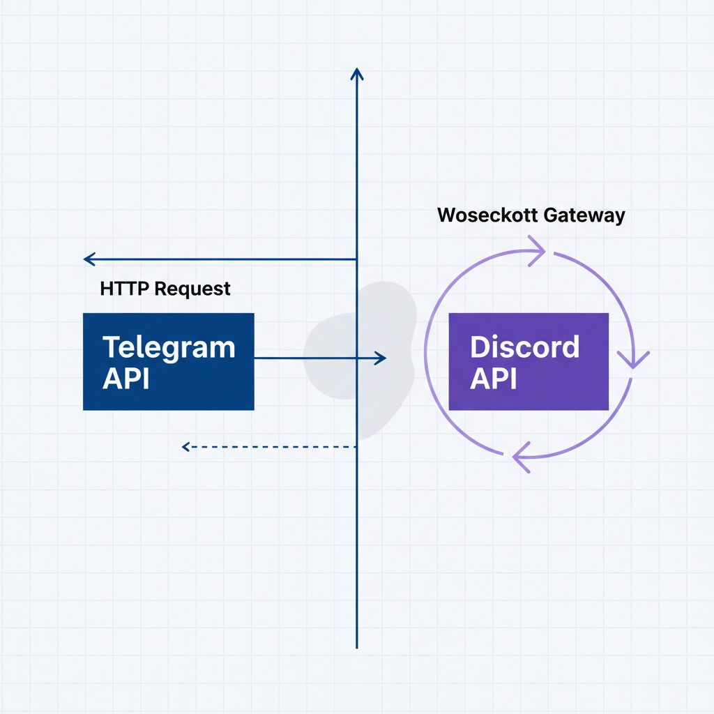 A diagram showing the Telegram API as a simple arrow representing an HTTP request, and the Discord API as a continuous loop representing a WebSocket connection.